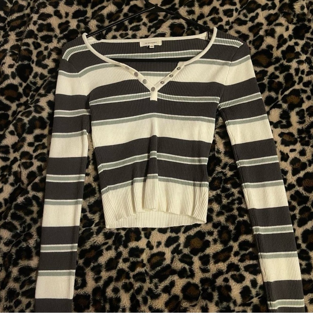 Striped Ribbed Henley Crop Top — Black & Cream